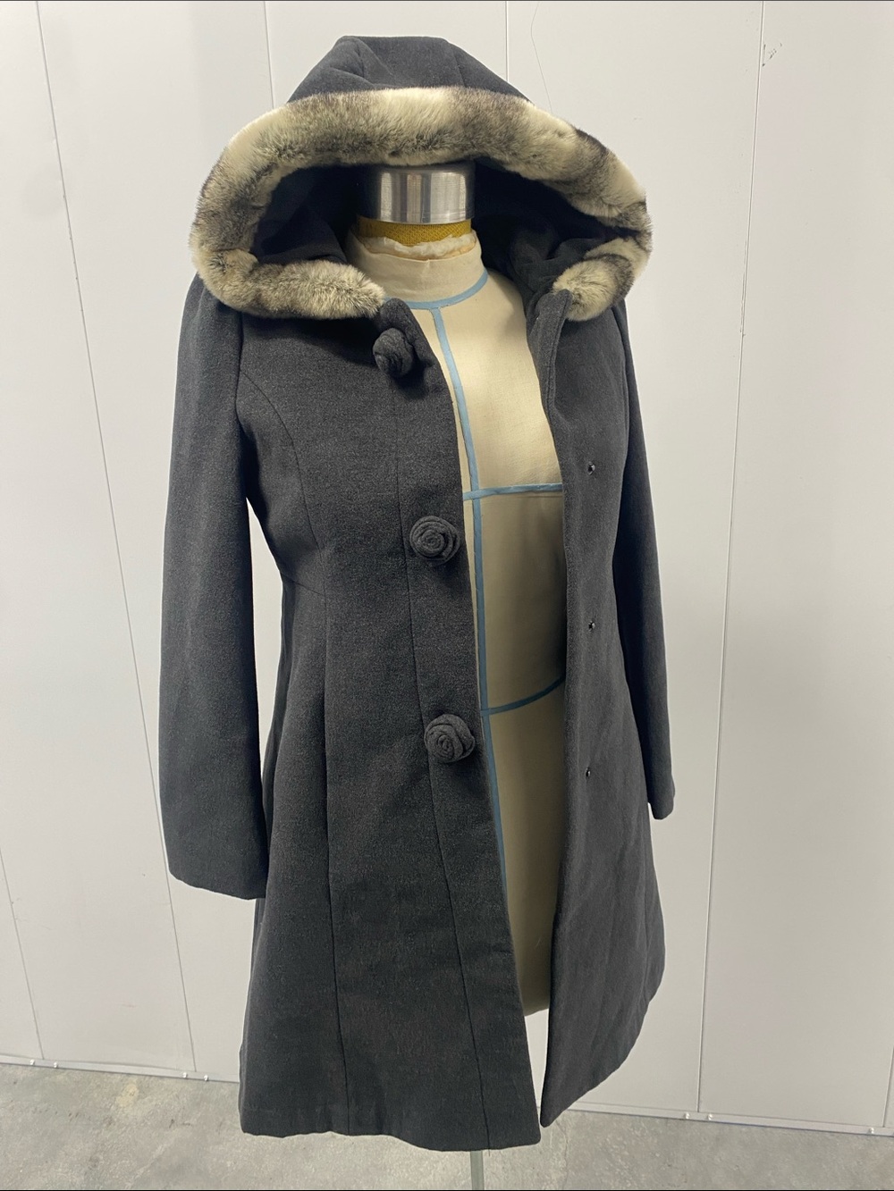 Rothschild Gray Faux Fur Hooded Winter Dress Coat Snap Buttons 12